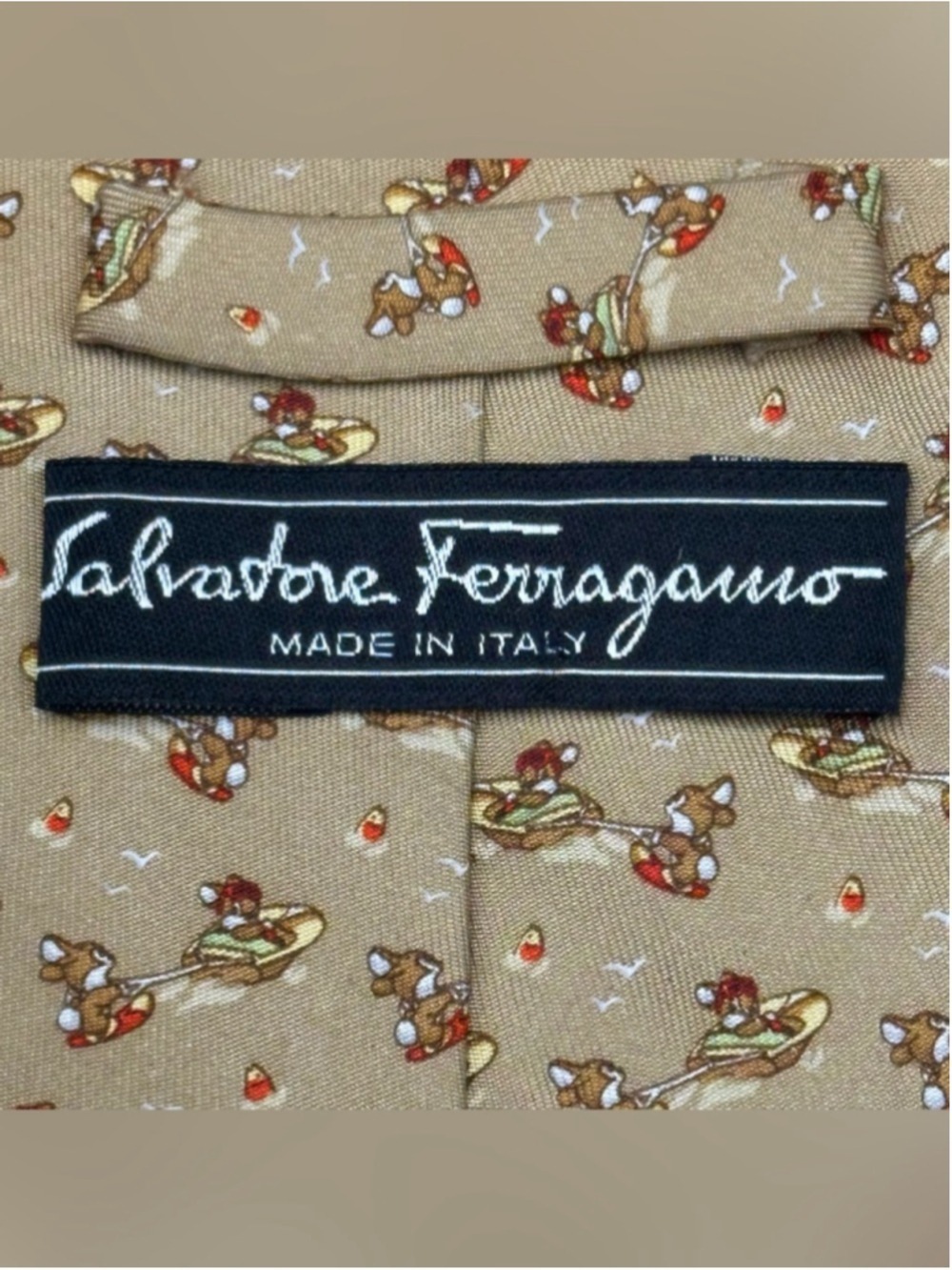 Salvatore Ferragamo Silk Tie Tan Brown Bunnies Driving a Boat Water Skiing - Picture 3 of 15